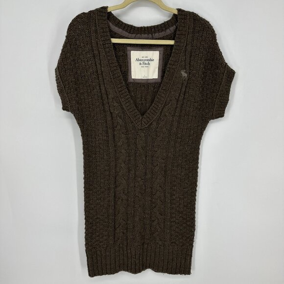 Abercrombie Fitch Cable Knit Sweater L Deep V Neck Cap Sleeves